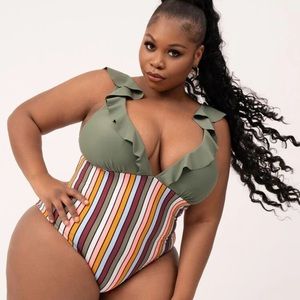 Striped Ruffle Trim one piece swimsuit